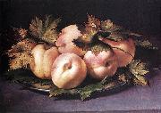 FIGINO, Giovanni Ambrogio Metal Plate with Peaches and Vine Leaves oil on canvas